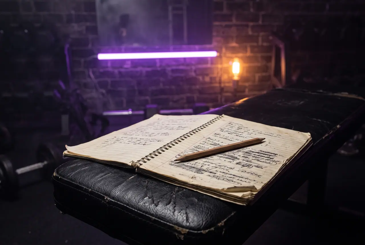 Aufgeschlagenes Notizbuch mit Stift auf einer Hantelbank